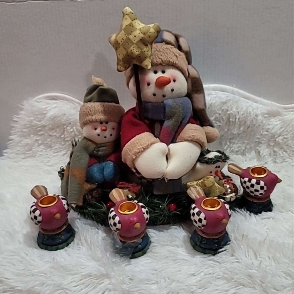 Vintage Fabric Snowman Family Centerpiece With Bird Candle Holders, 13" Tall New